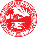 sello Recinto de Rio Piedras, redondo colores blanco y rojo, contiene año fundacion paisaje de palmas casa rayos sol