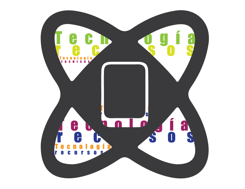 Imagen que representa la sección del Uso de la Tecnología. La imagen usa la forma teórica de un átomo cuyo centro o núcleo es un teléfono celular. Detras se ven las palabras "Tecnología" y "Recursos" repetidas varias veces.