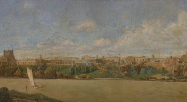 Vista panorámica de Santo Domingo. Oleo por Ramón Frade en la Dirección Nacional del Patrimonio Monumental.