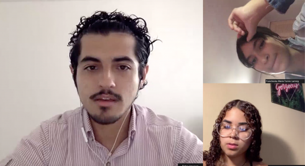 Foto Fabio Jiménez, tutor de matemáticas junto a las estudiantes Francheska Torre Larroig y Solimar del Valle UPR Estudia Contigo