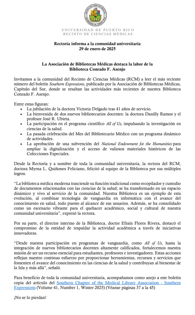 Rectoría Informa Asociación de Bibliotecas Médicas destaca la labor de la Biblioteca Conrado F. Asenjo Rectoría Informa Asociación de Bibliotecas Médicas destaca la labor de la Biblioteca Conrado F. Asenjo