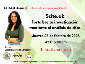 Scite AI 26 febrero 2026 Taller: Scite.ai: Fortalece tu investigación mediante el análisis de citas jueves 26 de febrero de 2026 de 4:30 a 6:00 p.m.