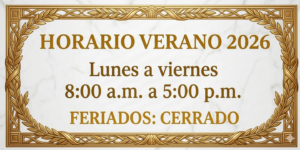 Horario de Veranao 2026 Horario Especial de Veranao 2026. Lunes a Ivernes de 8:00 am a 5:00 pm. Sábados, Domingos y los Feriados está cerrada la Biblioteca.