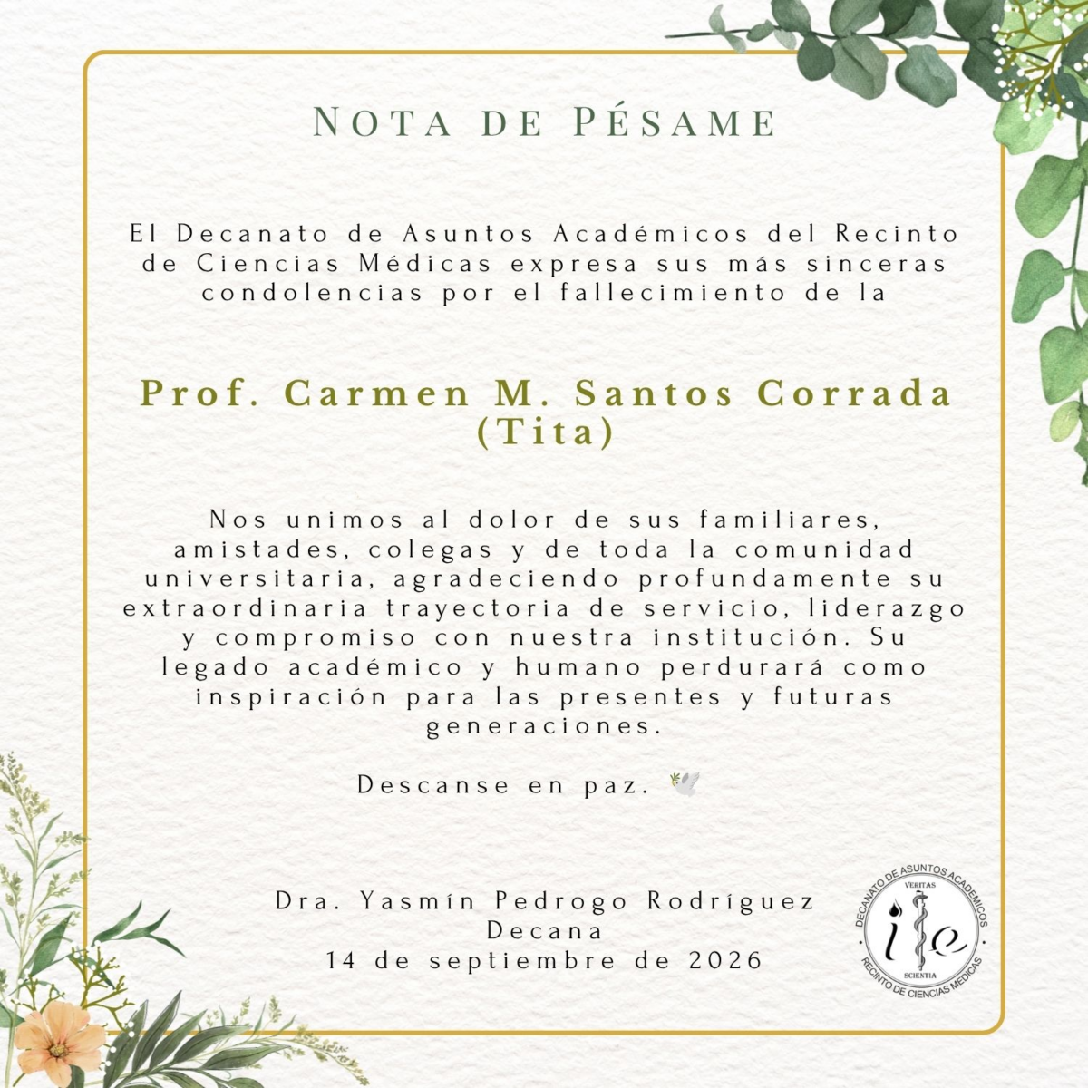 NotadePésameTita Nota de pésame del Decanato de Asuntos Académicos.