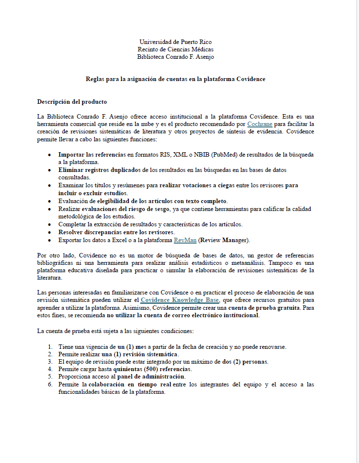 Reglas COVIDENCE Portada Reglas para la asignación de cuentas en la plataforma Covidence