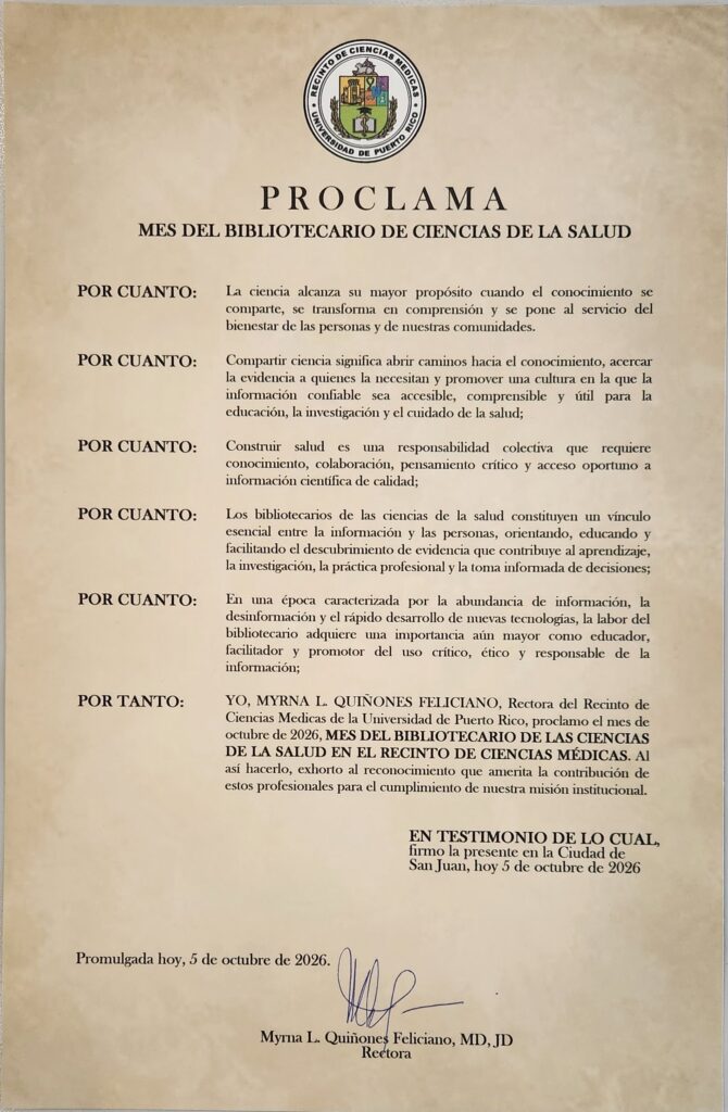 Proclama MBCS2026 Proclama Mes del Bibliotecario de las Ciencias de la Salud Octubre 2026.