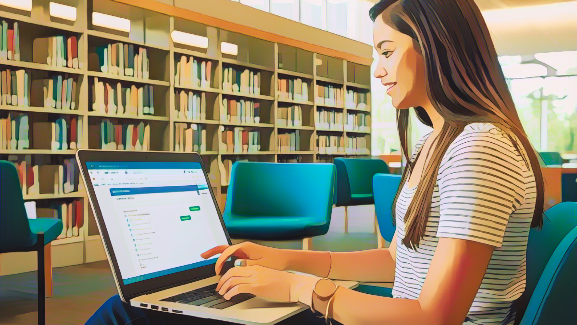 student seat in a library with a laptop searching in a database