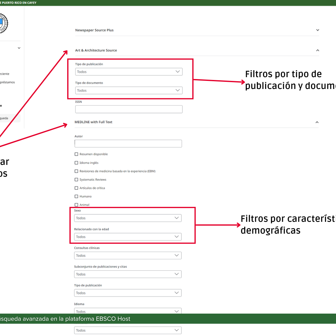 Otros filtros disponibles en bases de datos para limitar búsquedas por tipo de documento y caracteristicas demográficas
