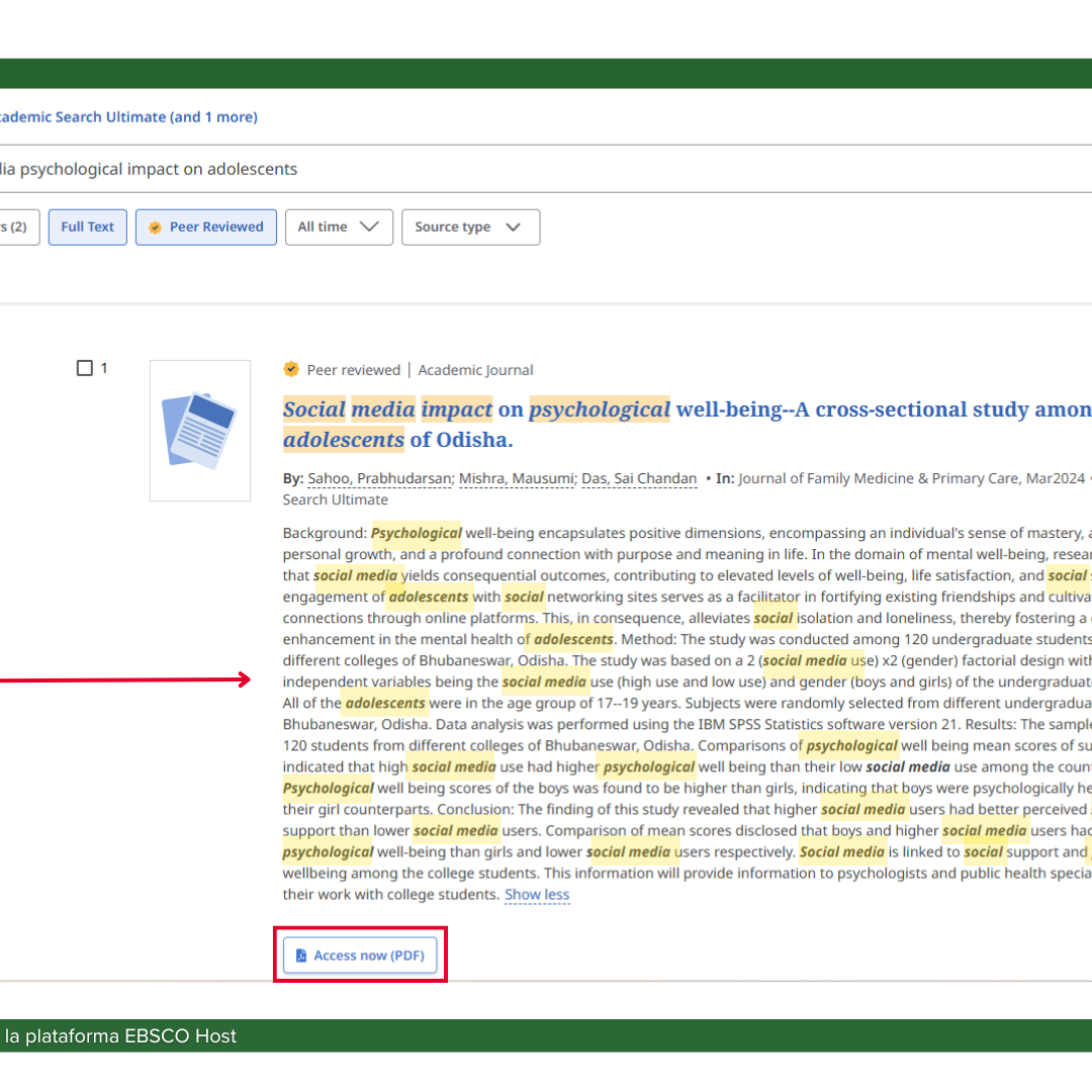 Presenta la pantalla de resultados de una búsqueda básica en una base de datos