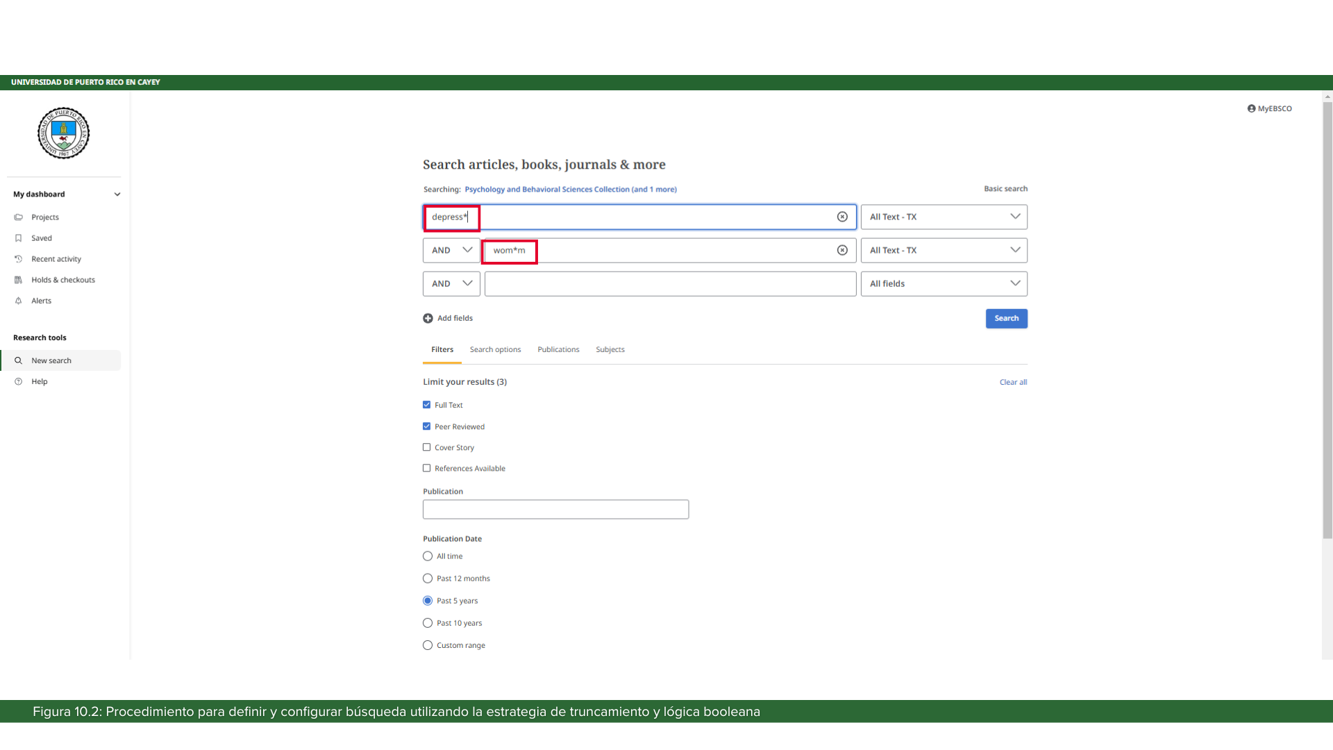 Presenta ejemplo de cómo definir y configurar una búsqueda avanzada en una base de datos escribiendo utilizando la estrategia de truncamiento combinando dos conceptos