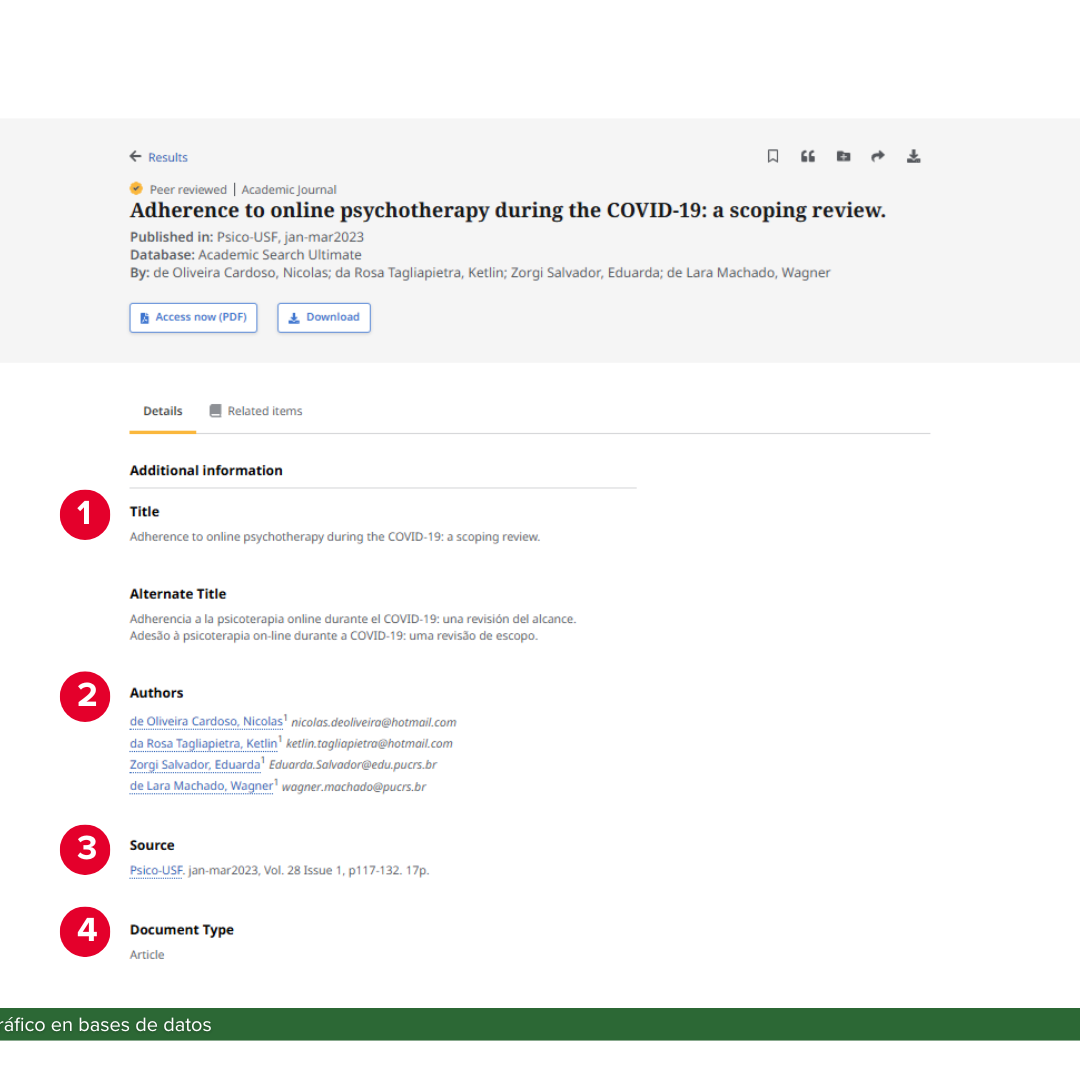 Presenta la captura de pantalla de un fragmento del registro bibliográfico de una base de datos con los campos de título, autor, fuente y tipo de documento