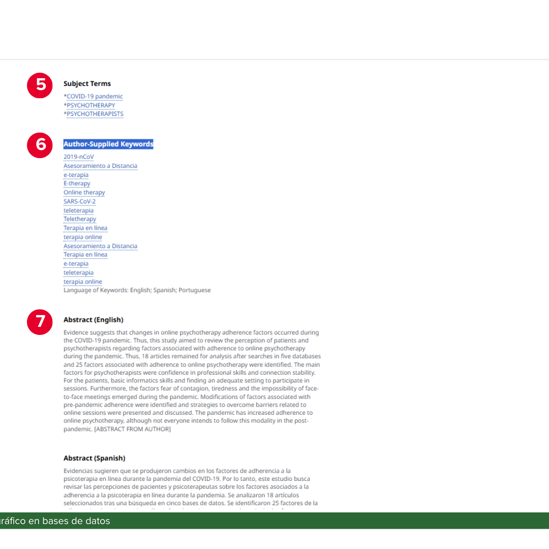 Presenta la captura de pantalla de un fragmento del registro bibliográfico de una base de datos con los campos de temas, keywords y abstract