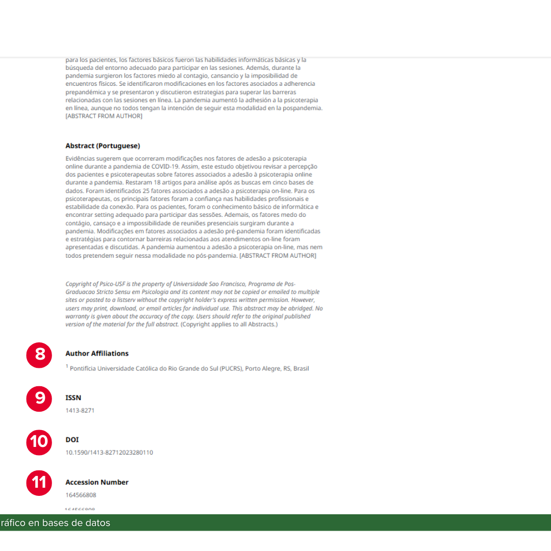 Presenta la captura de pantalla de un fragmento del registro bibliográfico de una base de datos con los campos de afilicación de los autores, ISSN, DOI y número de acceso del documento