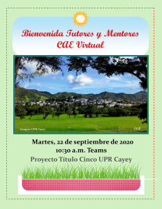 Imagen promoción Bienvenida Tutores y Mentores CAE Virtual Septiembre 2020 Título Cinco UPR Cayey