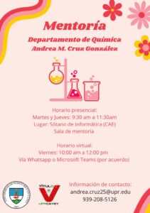 Imagen de Anuncio Andrea Cruz Mentora Química CAE TV UPR Cayey Agosto 2023