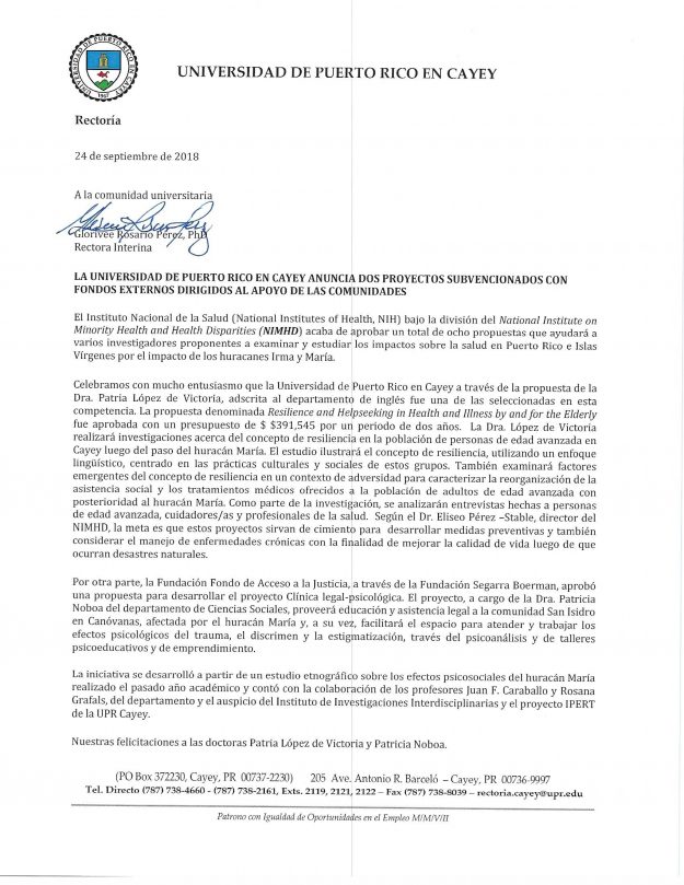 UPR CAYEY ANUNCIA DOS PROYECTOS SUBVENCIONADOS CON FONDOS EXTERNOS DIRIGIDOS AL APOYO DE LAS COMUNIDADES