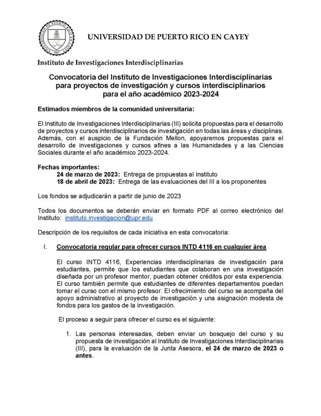Convocatoria proyectos y cursos III_Mellon 2023_Page_1 Imagen de la primera página del documento convocatoria del Instituto para proyectos de investigación y cursos interdisciplinarios para el año académico 2023-2024
