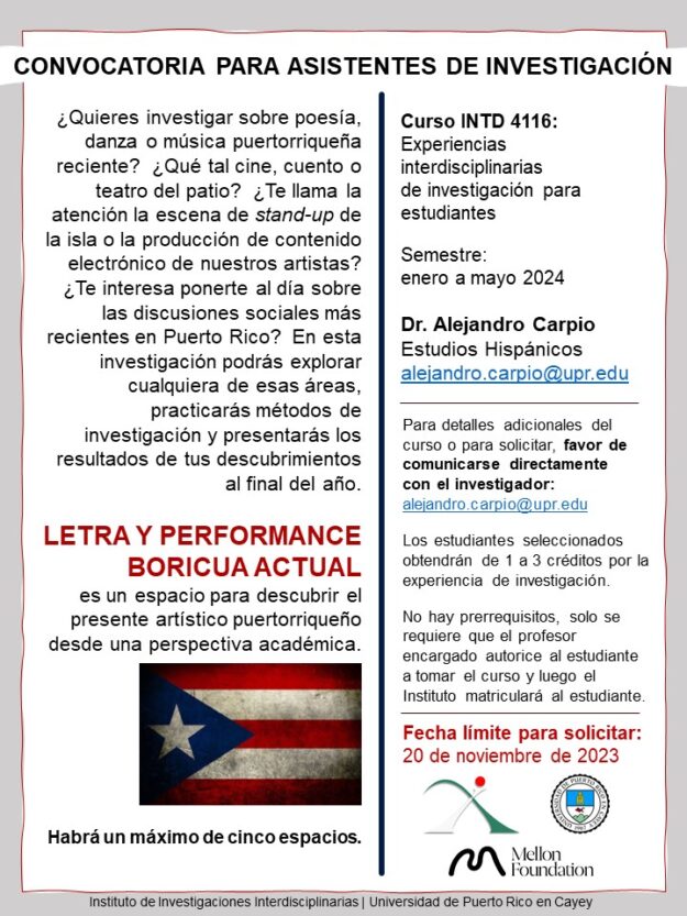 promocion-curso_ACarpio-ene-mayo2024 promocion de curso INTD 4116 para el semestre de enero a mayo 2024 titulado Letra y performance boricua actual