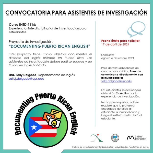 promoción con información de curso que se ofrecerá, tiene imagen logo del proyecto de investigación con bandera de Puerto Rico dentro de un círculo