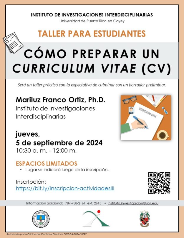 promo-TallerCV-sept2024 promocion de taller de como preparar un curriculum vitae, contiene información de fecha y hora en que se ofrecerá el taller y una imagen de un papel con una mano que sostiene un bolígrafo en la mano