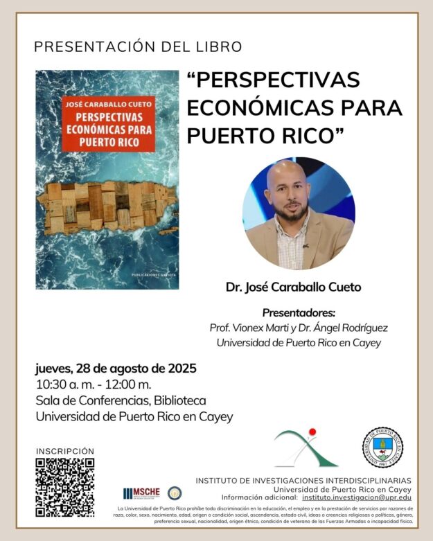 promo-preslibro-JCaraballoCueto portada libro con mapa de Puerto Rico y foto del autor, hombre con barba camisa crema