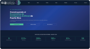 Captura de pantalla del sitio web del Ecosistema de Inteligencia Artificial de Puerto Rico, mostrando datos y recursos relacionados con iniciativas de inteligencia artificial en Puerto Rico.