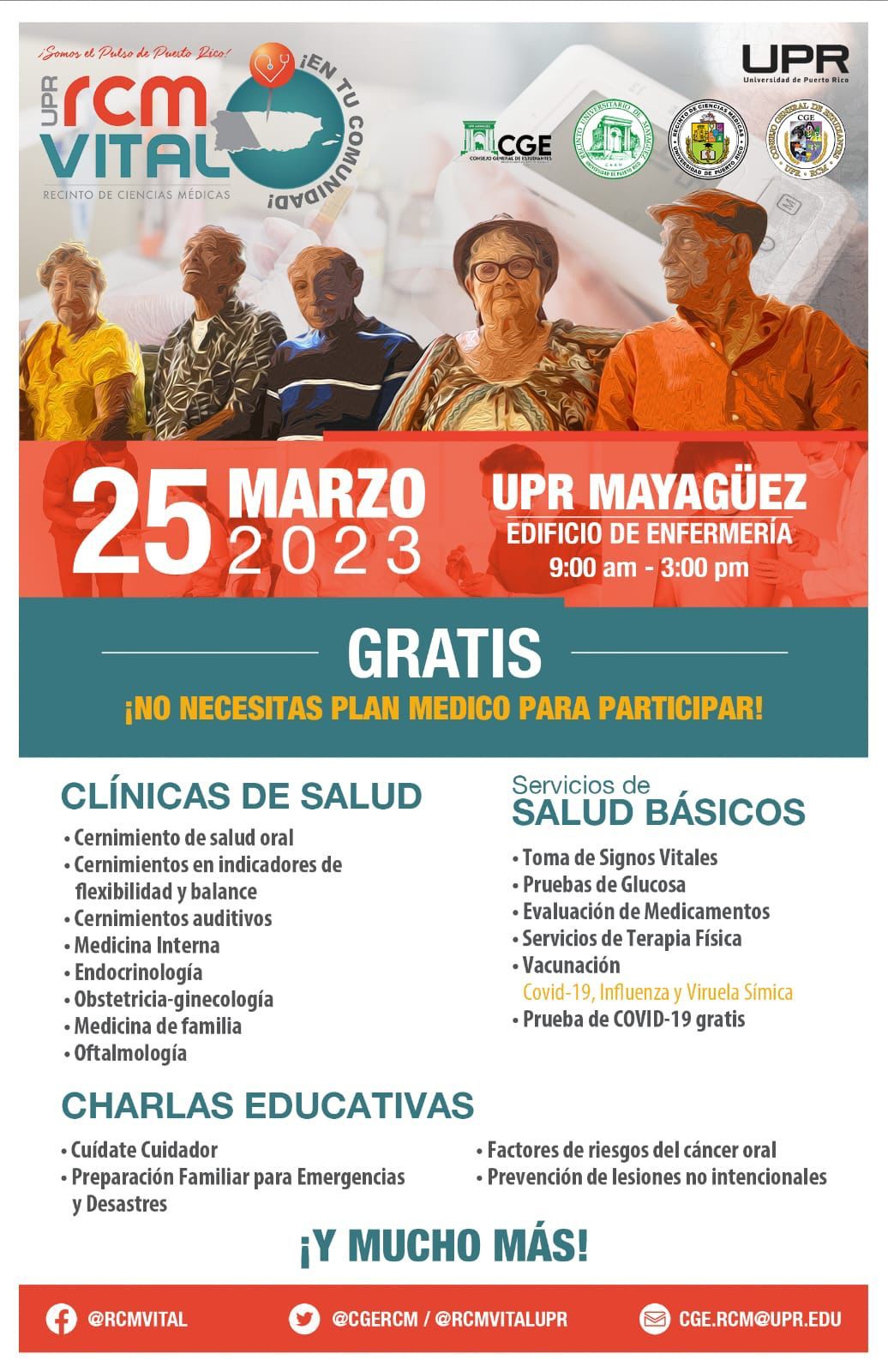 Afiche RCM Vital. Anunciando las clínicas de salud que llevará la UPR Recinto de Ciencias Médicas a Mayagüez