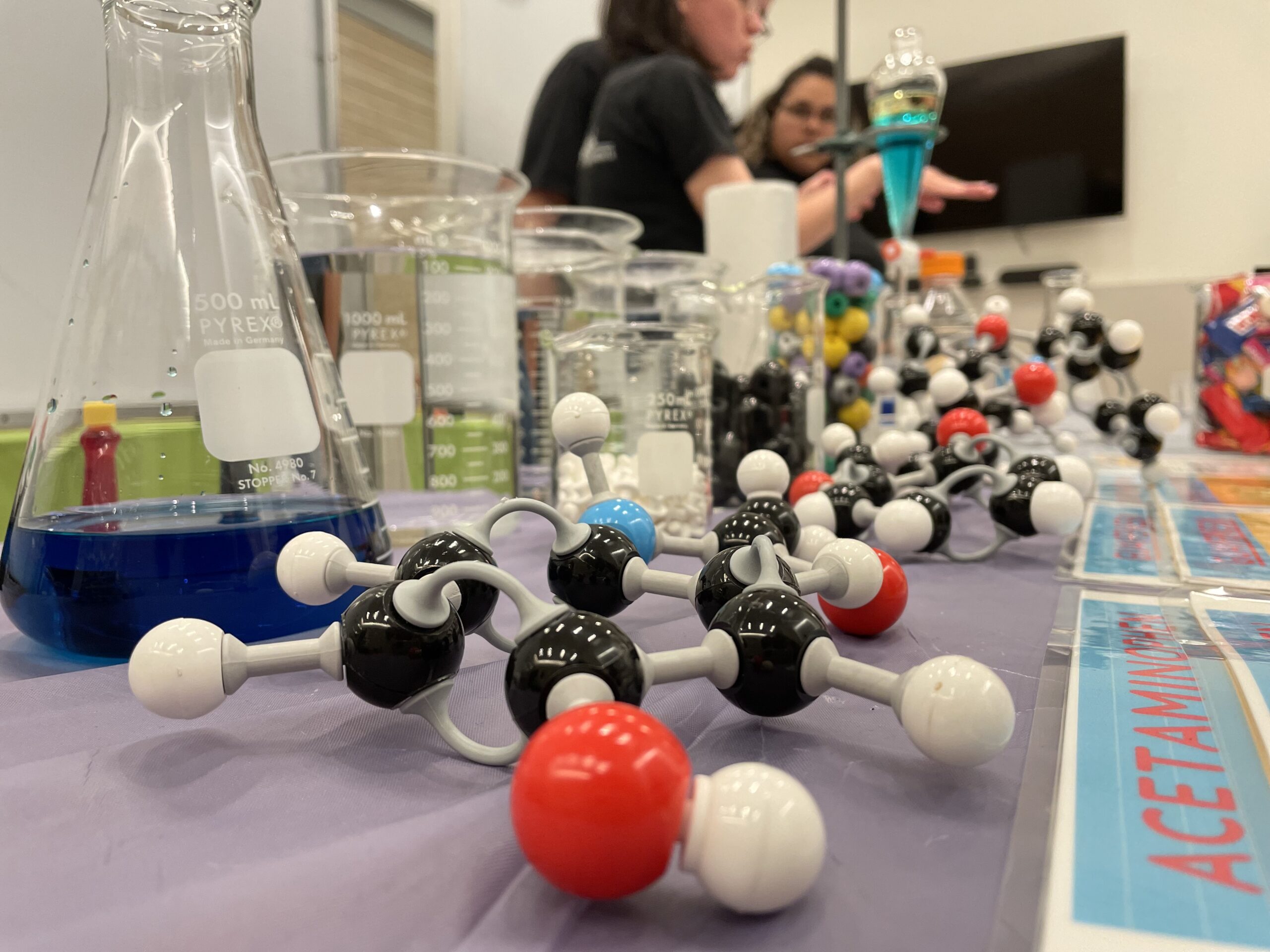 Mesa donde han puesto sustancias químicas en vasos y matraz de cristal. Al frente de las sustancias unos modelos de moléculas orgánicas.