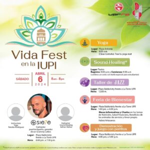 Itinerario del evento Vida Fest en la IUPI: 
1. Yoga, en Plaza antonia a las 8AM (clase gratuita).
2. Sound Healing en el Teatro, registro a las 9am, conlleva costo con tarifa especial para estudiantes.
3. Taller de Jazz en Plaza Baldorioty frente a La Torre a las 12 del mediodía.
4. Feria de Bienestar en Plaza Baldorioty frente a La Torre, de 1pm a 4pm.
5. Demostración y juegos con perritos en Plaza Baldorioty frente a La torre de 4pm a 5pm
6. Cantauttor Siete en Plaza Baldorioty frente a la Torre de 6pm a 7:30pm