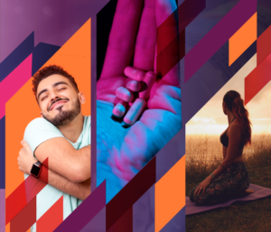 Acercamiento del arte del Afiche. Varias imagenes acompañado de figuras geométricas en colores naranja, rosado y marrón.