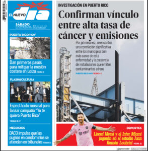 Portada del periodico El Nuevo Día, sábado 24 de enero de 2026 - Titular de primera plana lee: Confirman vínculo entre alta tasa de cáncer y emisiones.