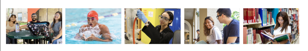 Banner de imagenes de estudiantes en diferentes facetas. Vida estudiantil, natación, investigación y estudiando.