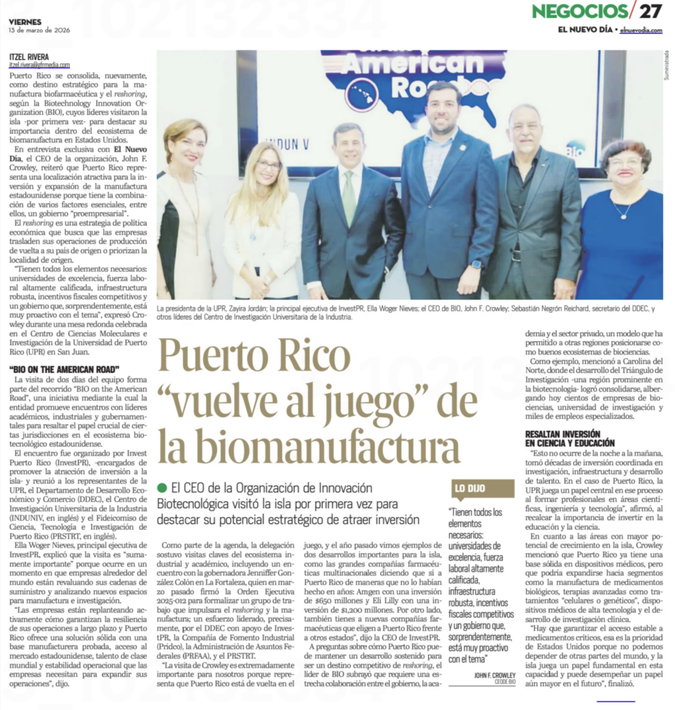 Imagen de la página del Periodico El Nuevo día, mostrando titular: Puerto Rico vuelve al juego de la biomanofactura.