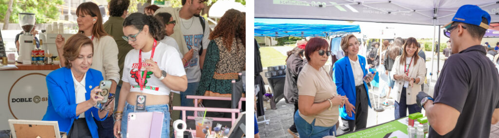 dos fotos. Primera foto la presidenta Dra. Zayira Jordán Conde mostrando algo en el teléfono móbil a una estudiante. Segunda imagen, presidenta compartiendo en un kiosko