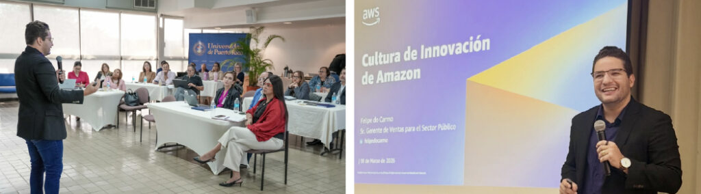 Dos imágenes que muestran a un moderador haciendo una presentación dirigiéndose al público en la sala.