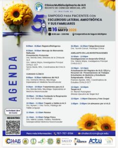 Afiche del Quinto Simposio para Pacientes con Esclerosis Lateral Amiotrófica y sus Familiares. 16 de mayo de 2026 en el Recinto de Ciencias Médicas de 8 AM a 2 PM - Para información llamar al 787-767-9194