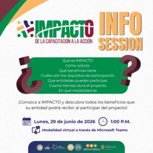 Tablero informativo sobre evento del Proyecto Impacto. Lunes 29 de junio de 2026 a la 1 de la tarde. Modo virtual por Teams.