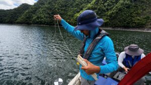 Estudiante tomando muestra de agua des de un bote.