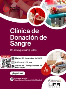 Afiche de la Clinica de Donación de Sangre.  Martes 27 de octubre de 2026.  de 9 AM a 2 PM